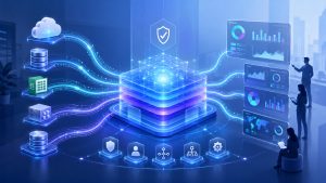 Abstract semantic layer hub connecting multiple enterprise data sources to unified reporting dashboards for governed analytics.